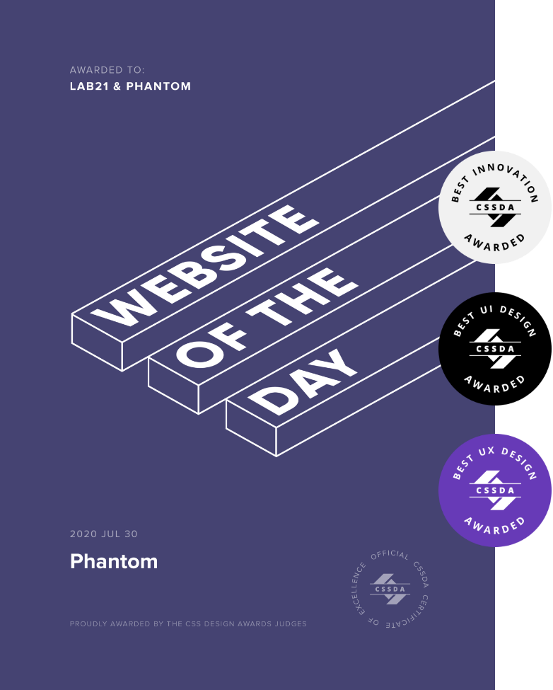CSS Design Awards - Site of the day award for Phantom website